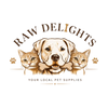 A circular logo for 'RAW DELIGHTS' featuring a cream-colored dog in the center holding a bone, flanked by two orange tabby cats, with the text 'YOUR LOCAL PET SUPPLIES' below on a white background.